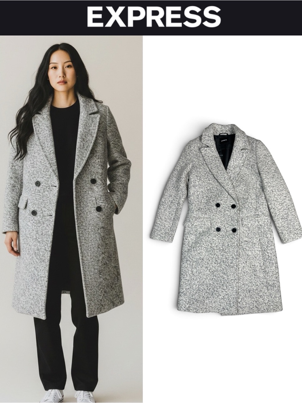NWT EXPRESS WOOL BLEND BOUCLE DOUBLE BREASTED LONG COAT GRAY WHITE SIZE SMALL